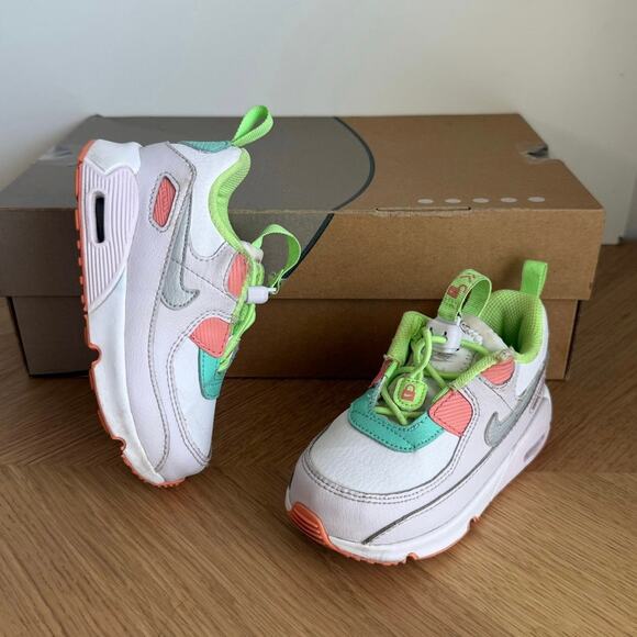 Nike Airmax 90 Toggle White/Crimson Bliss Toddler Sneakers - SZ 8 C - Picture 1 of 16